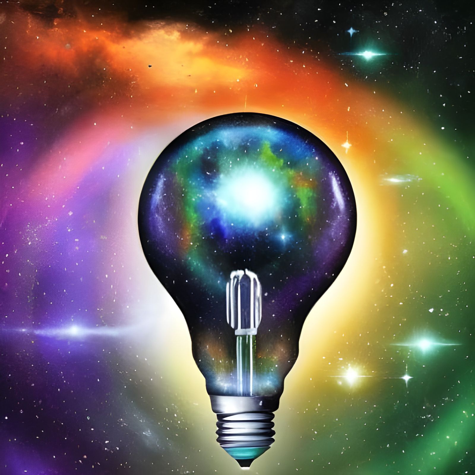Lightbulb with a galaxy inside with billions of glowing eyes twinkling brightly in all rainbow colours astro photography...
