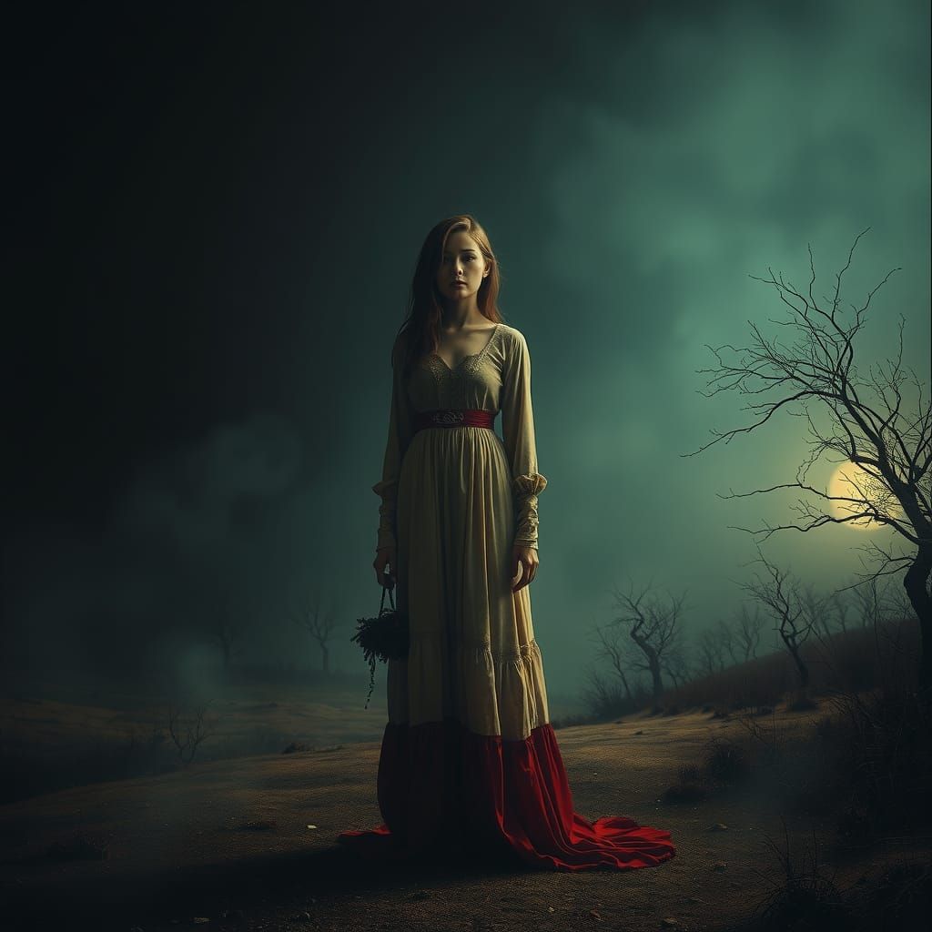 Sorrowful Woman in Dreamlike Landscape as Abstract Art