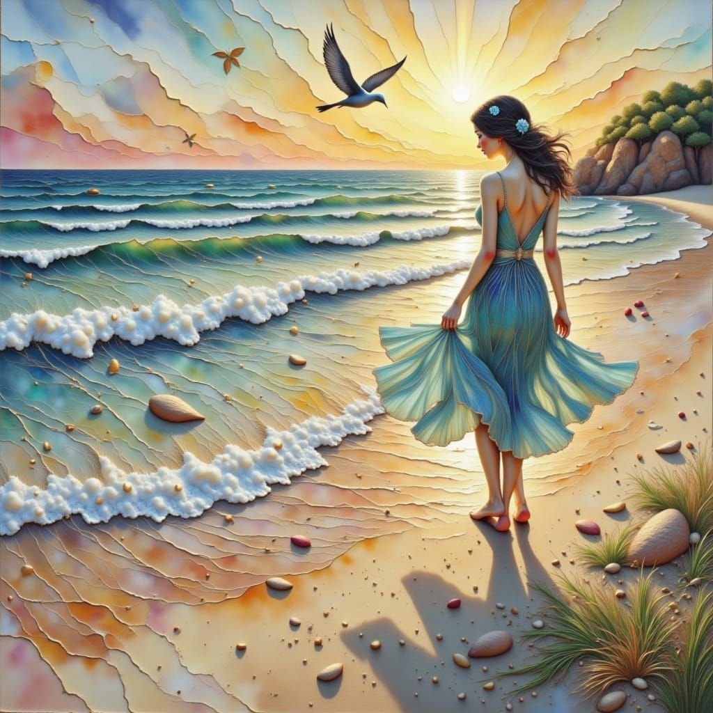 Surreal Whimsical Beach Scene in Vibrant Alcohol Ink