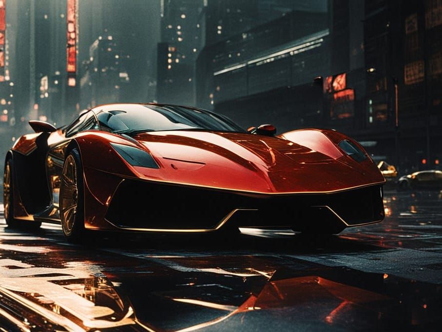 Futuristic Black and Gold Sports Car With Cybernetic Woman