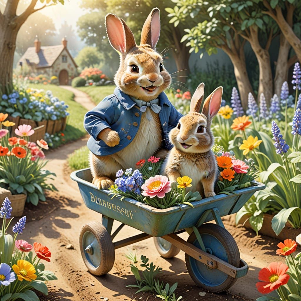 Peter Rabbit's Joyful Wheelbarrow Ride: Watercolor Art