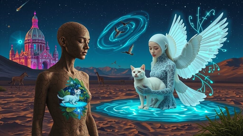 Bioluminescent Oasis Figure in Dreamlike Gaudi Cityscape