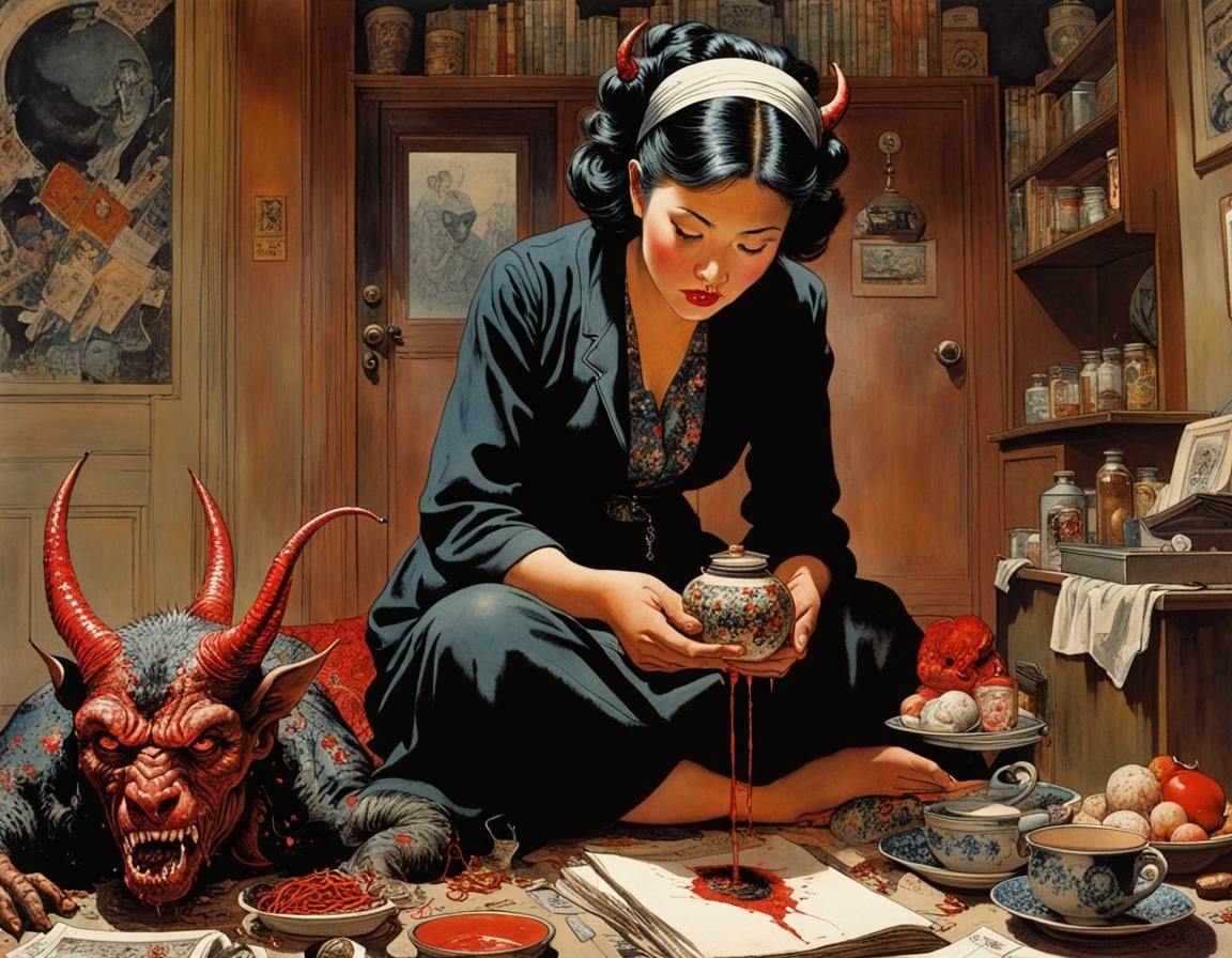 Woman's Midnight Pact in Biopunk Comic Style