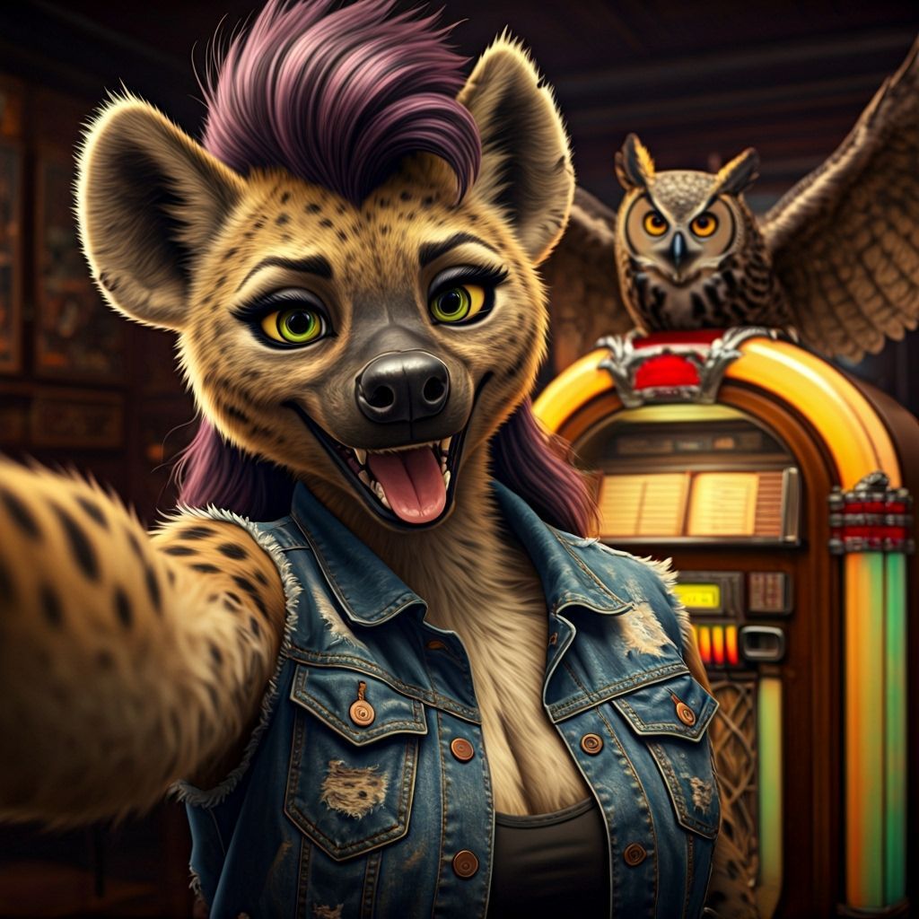 Hyena Tourist Selfie in Dive Bar, Photorealistic Style