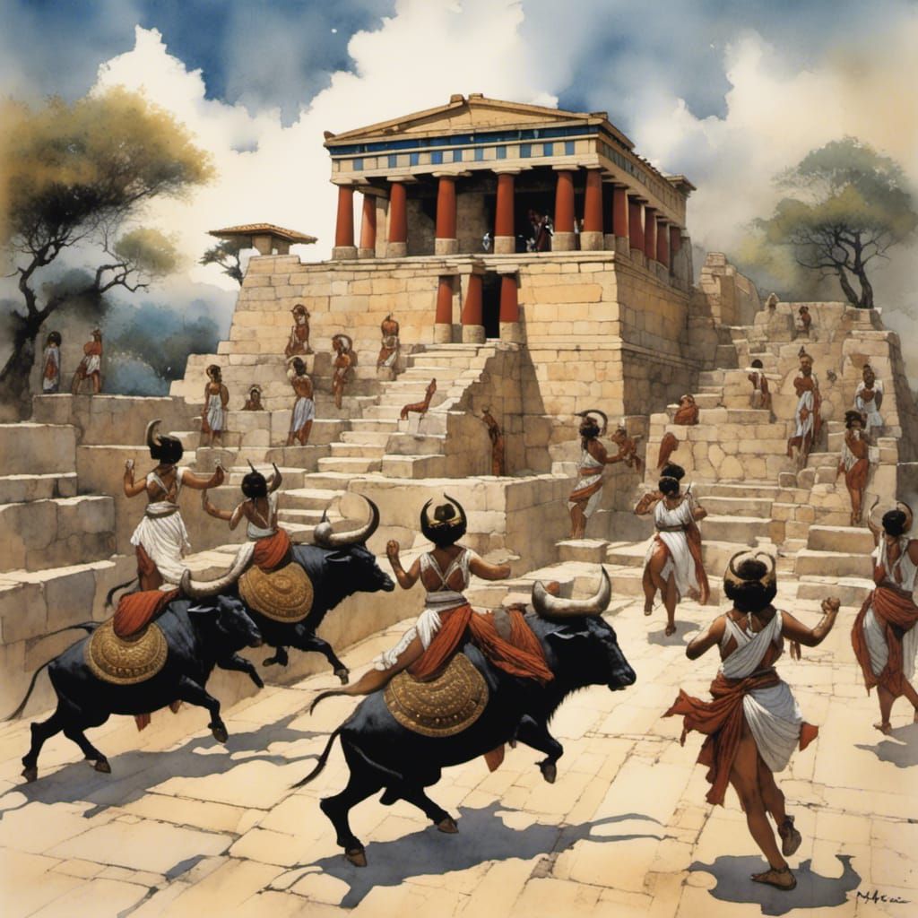 Knossos Bull Festival in Watercolor Comic Style