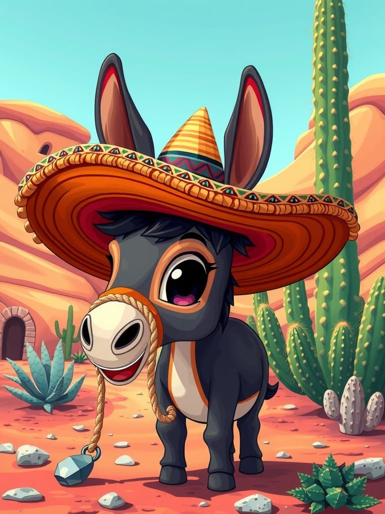 Chibi Donkey in Sombrero, Hyperrealistic Desert Art