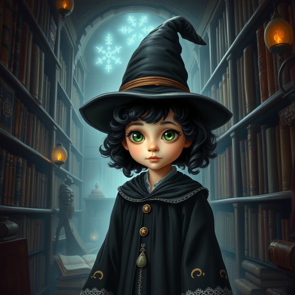Whimsical Witch in Mystical Library of Ancient Tomes