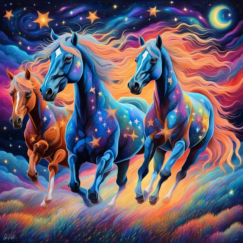 Cosmic Mustang Horses in Neon Astral Dreamscape