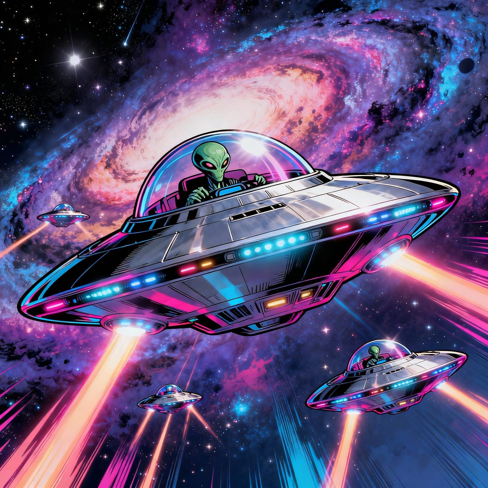 Alien Pilot in UFO Approaches Viewer in Galactic Comic Style