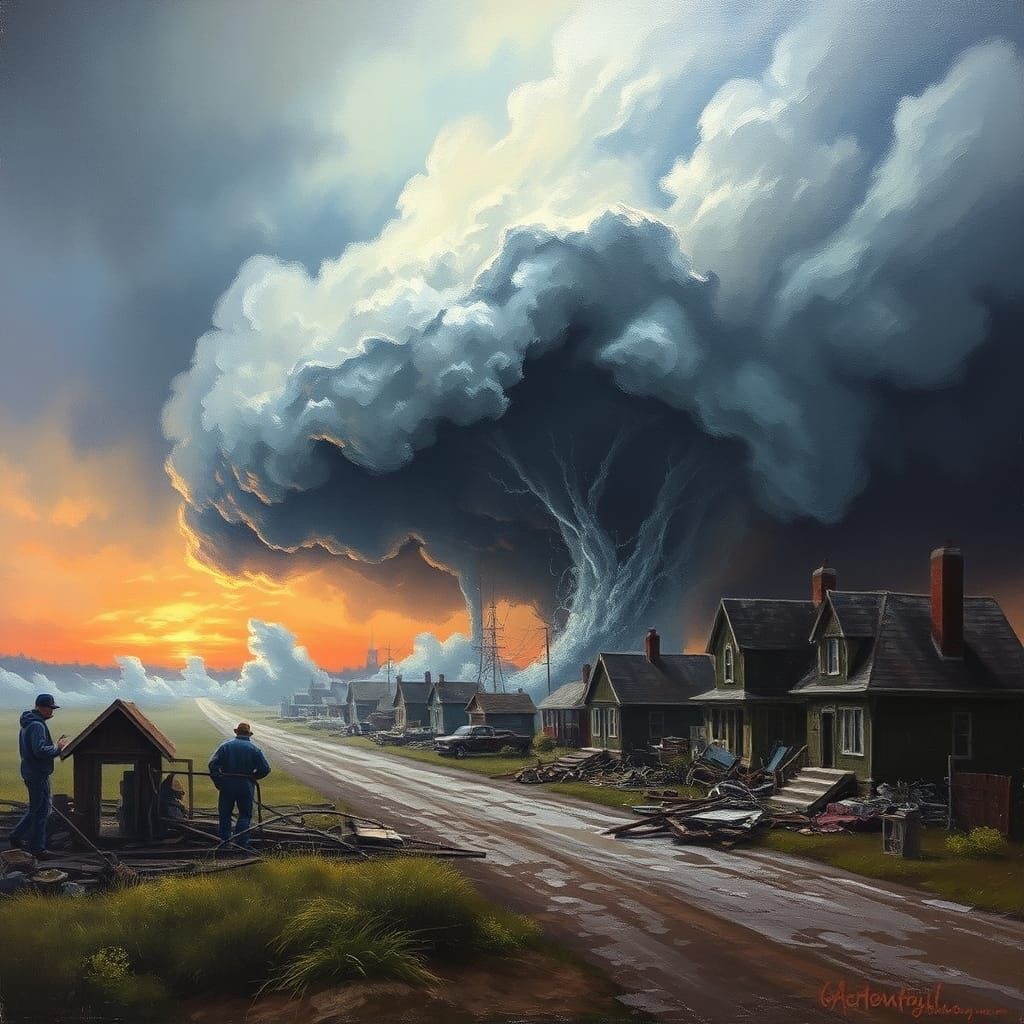Dramatic Storm Oil Painting of Devastated Town