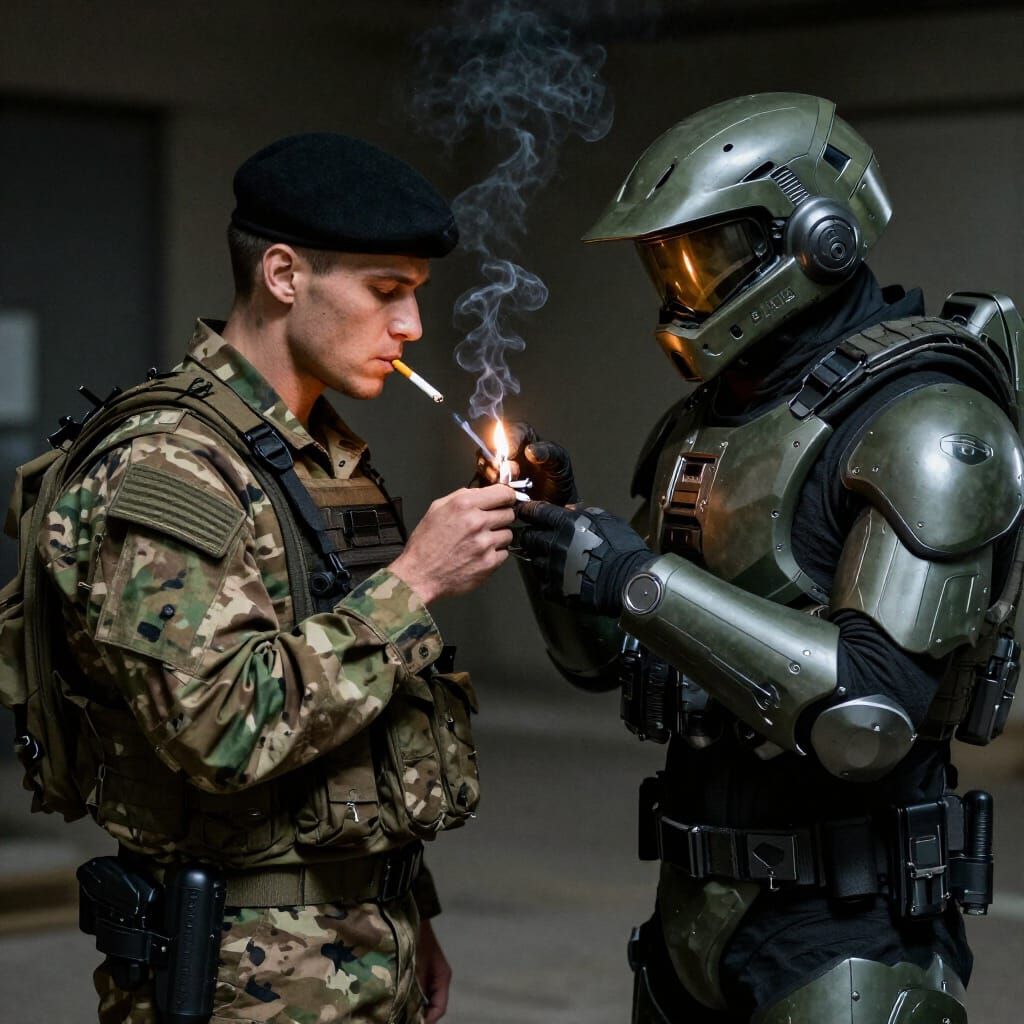 Soldiers Share a Light in Low Light