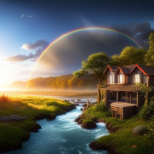 Sunset with Rainbow: Detailed Matte Painting
