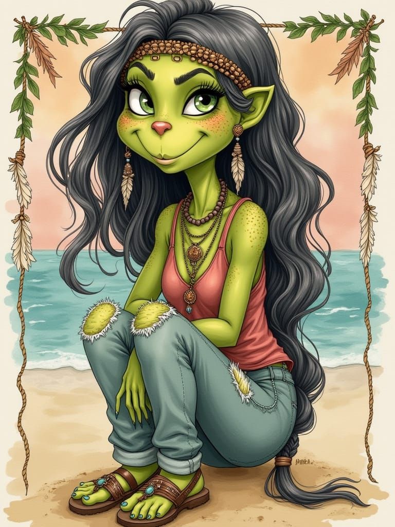 Whimsical Boho Grinch in Dreamy Watercolor Beach Scene