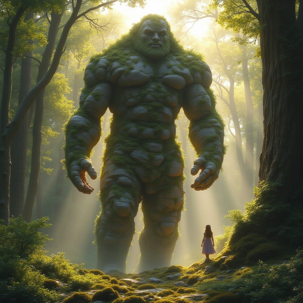Giant Made of Nature Protects a Girl in Forest