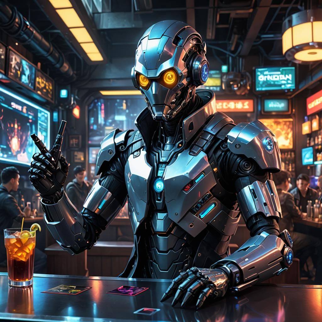 Cyborg Netrunner Hacking in Cyberpunk Cafe