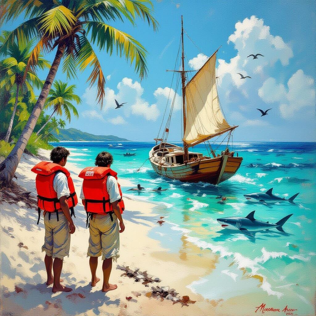 Shipwreck Survivors on Tropical Island, Dramatic Painting