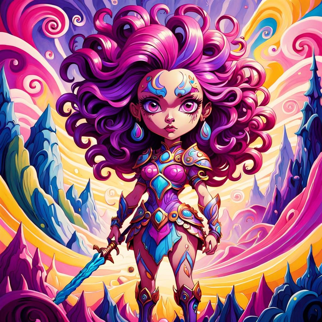 Chibi Warrior Queen in Surreal Candyland Landscape