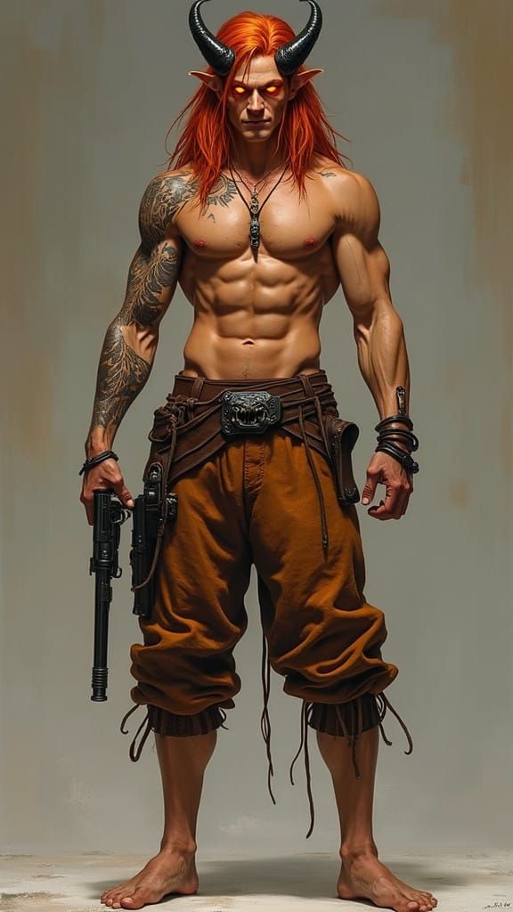 Human-Demon Hybrid with Fiery Red Hair and Orange Eyes