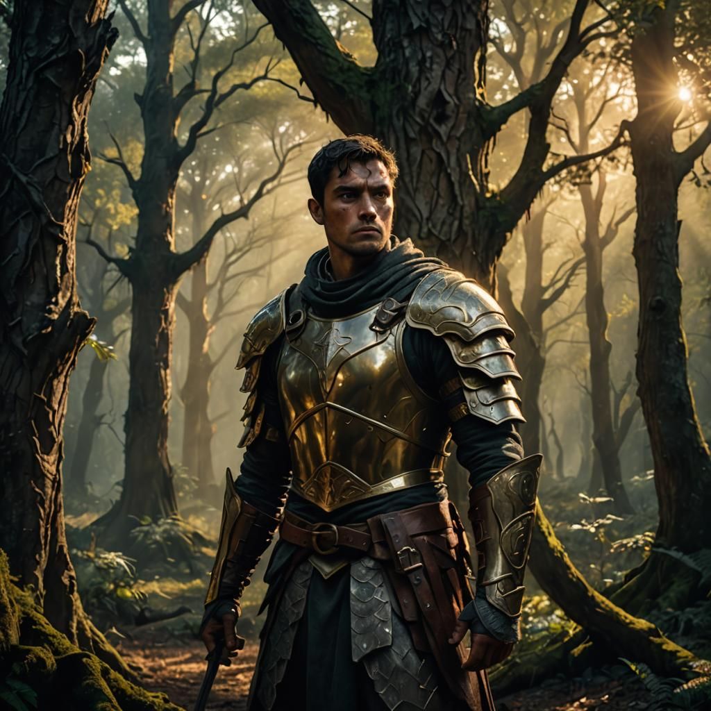 Mystical Forest Warrior in Emerald and Gold