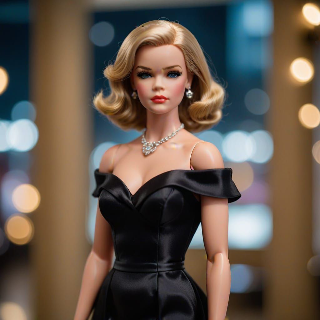 Blond Doll in Black Silk Dress: Professional Photography