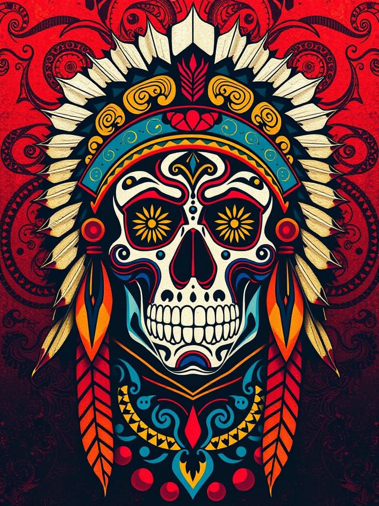 Surreal Psychedelic Portrait of Native American Chief in Bol...