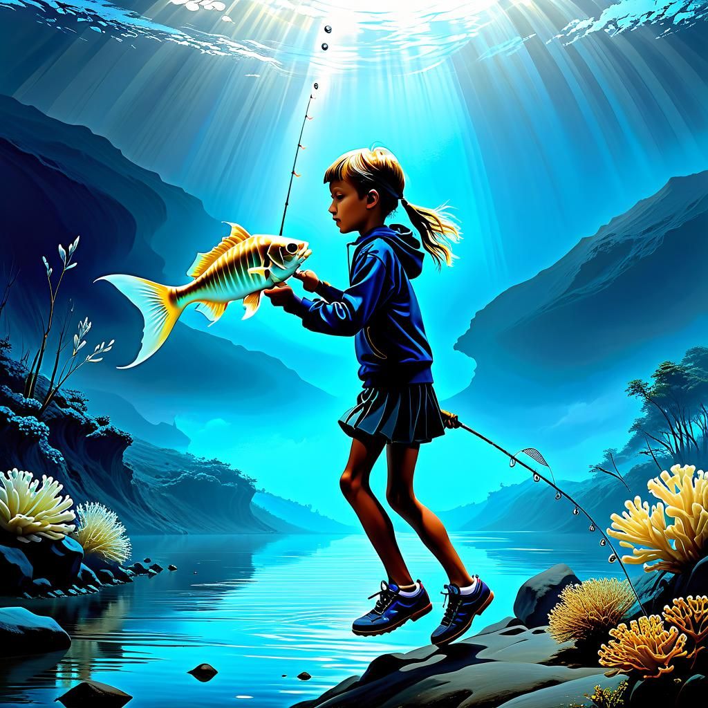 Surrealist Masterpiece of a Child Catching a Skeleton Fish