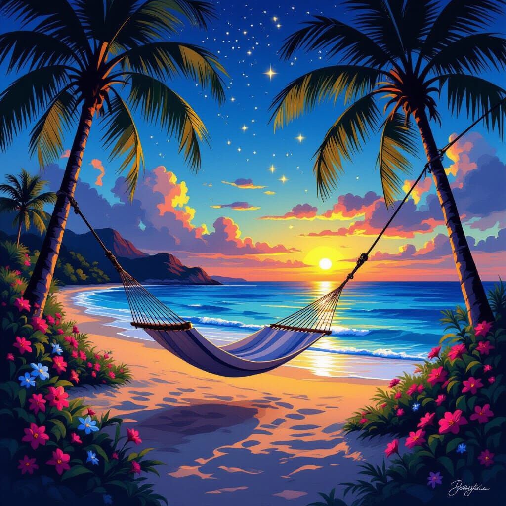 Dreamy Beach Sunset with Bioluminescent Garden