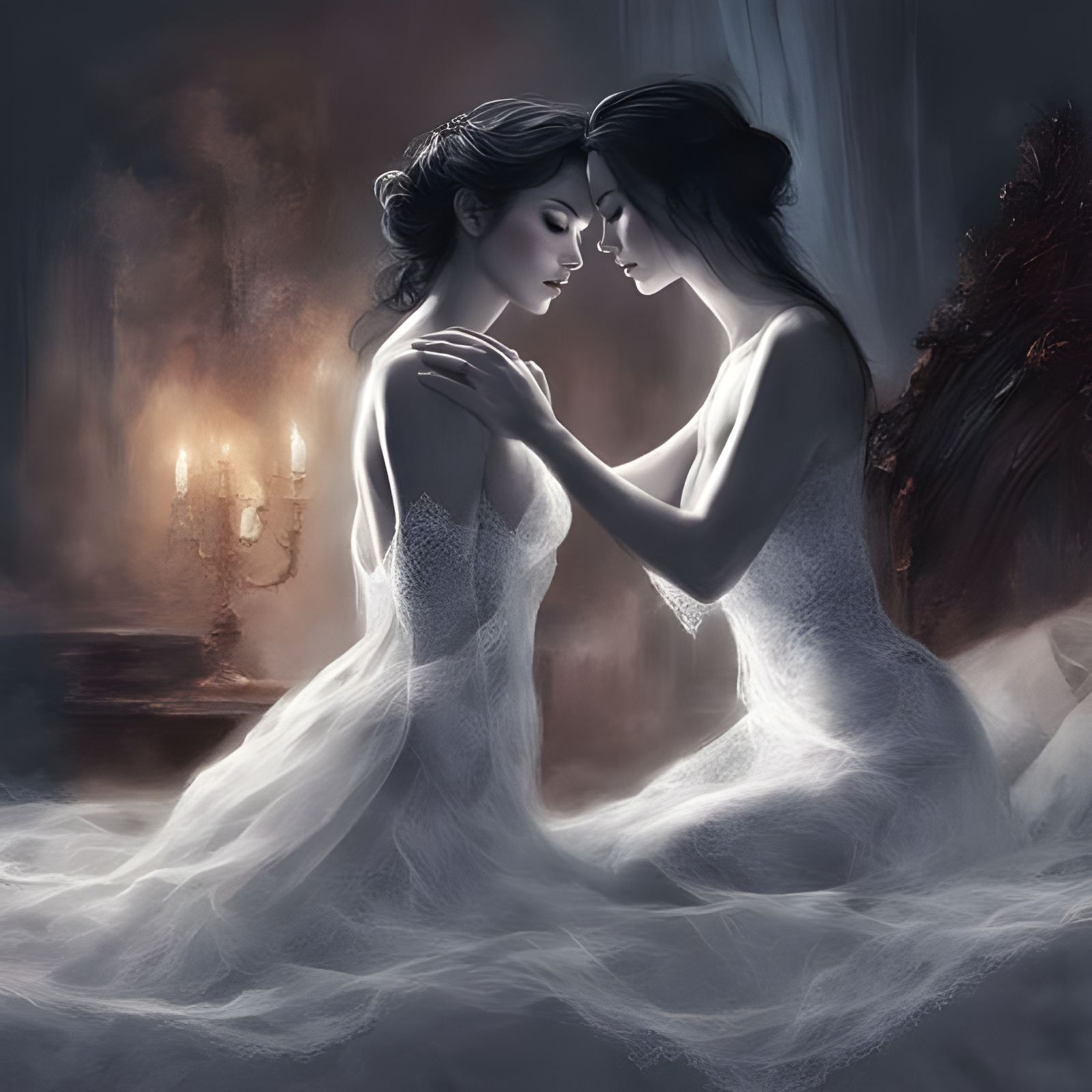 Woman and Ghost Embrace in Bedroom