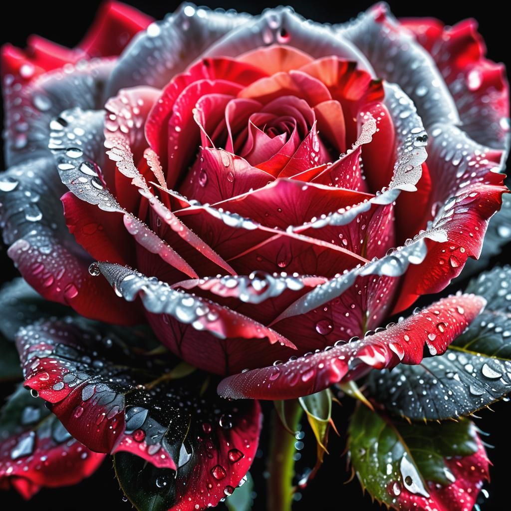 Jedna Růže, červená, jemná rosa, třpit rosy, černé pozadí s ...