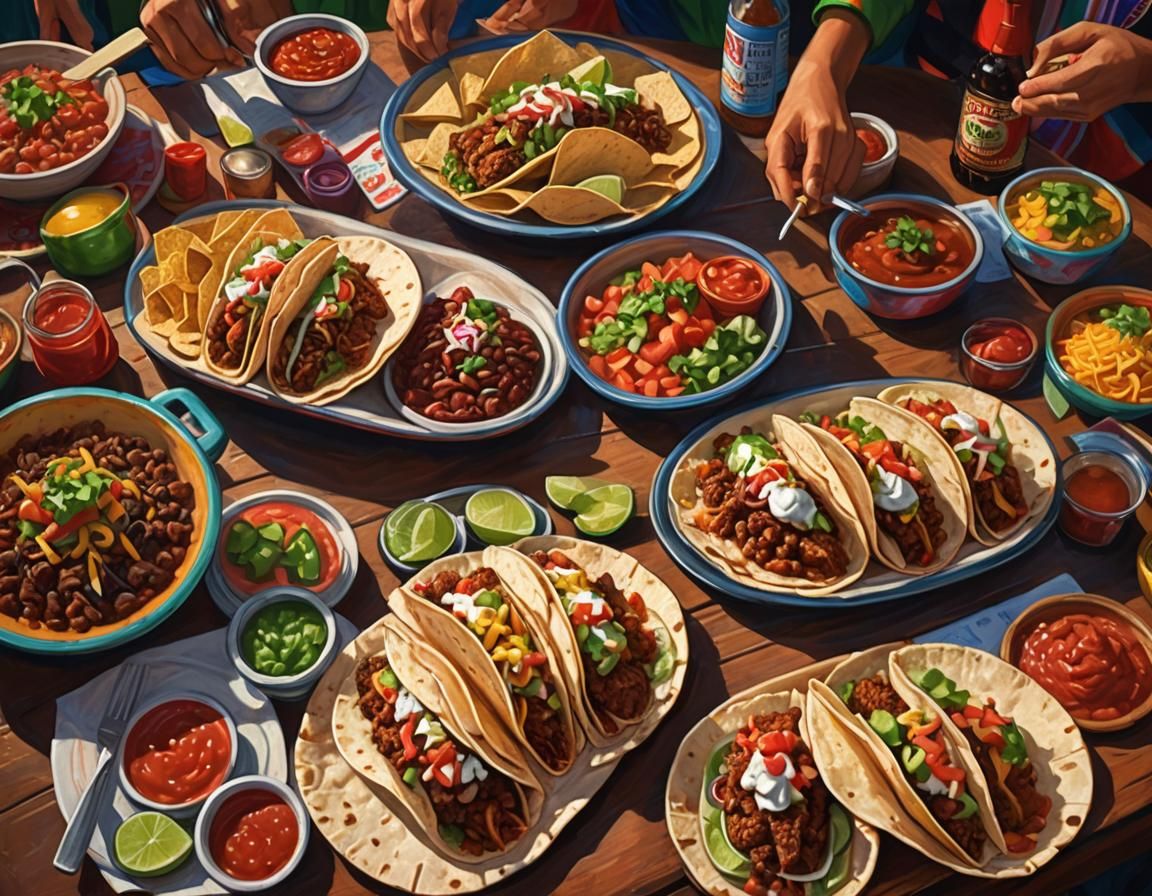 Mexican mid-bite into a taco, vibrant colors, street-style t...