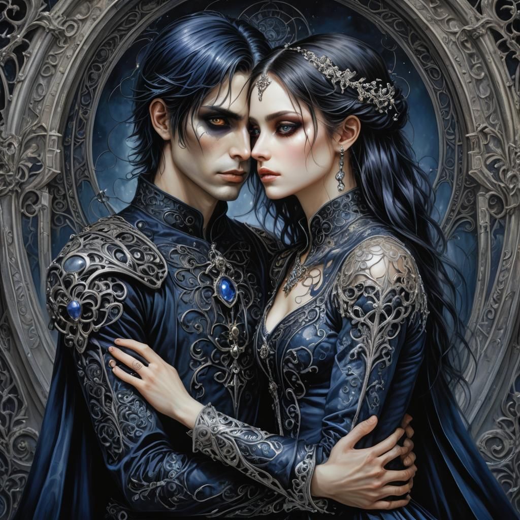 Gothic Emo Couple's Bioluminescent Embrace in Fantasy Art
