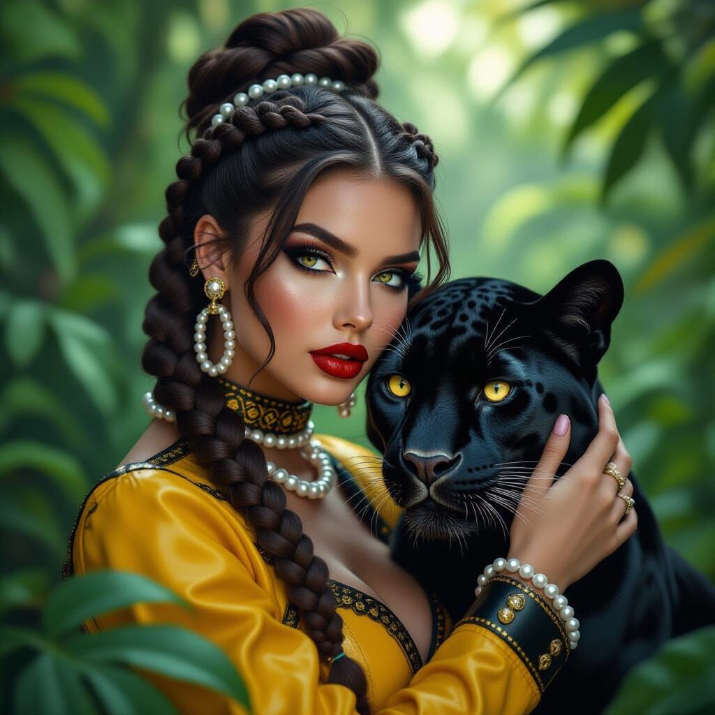 Gothic Model Embraces Panther in Lush Jungle Portrait