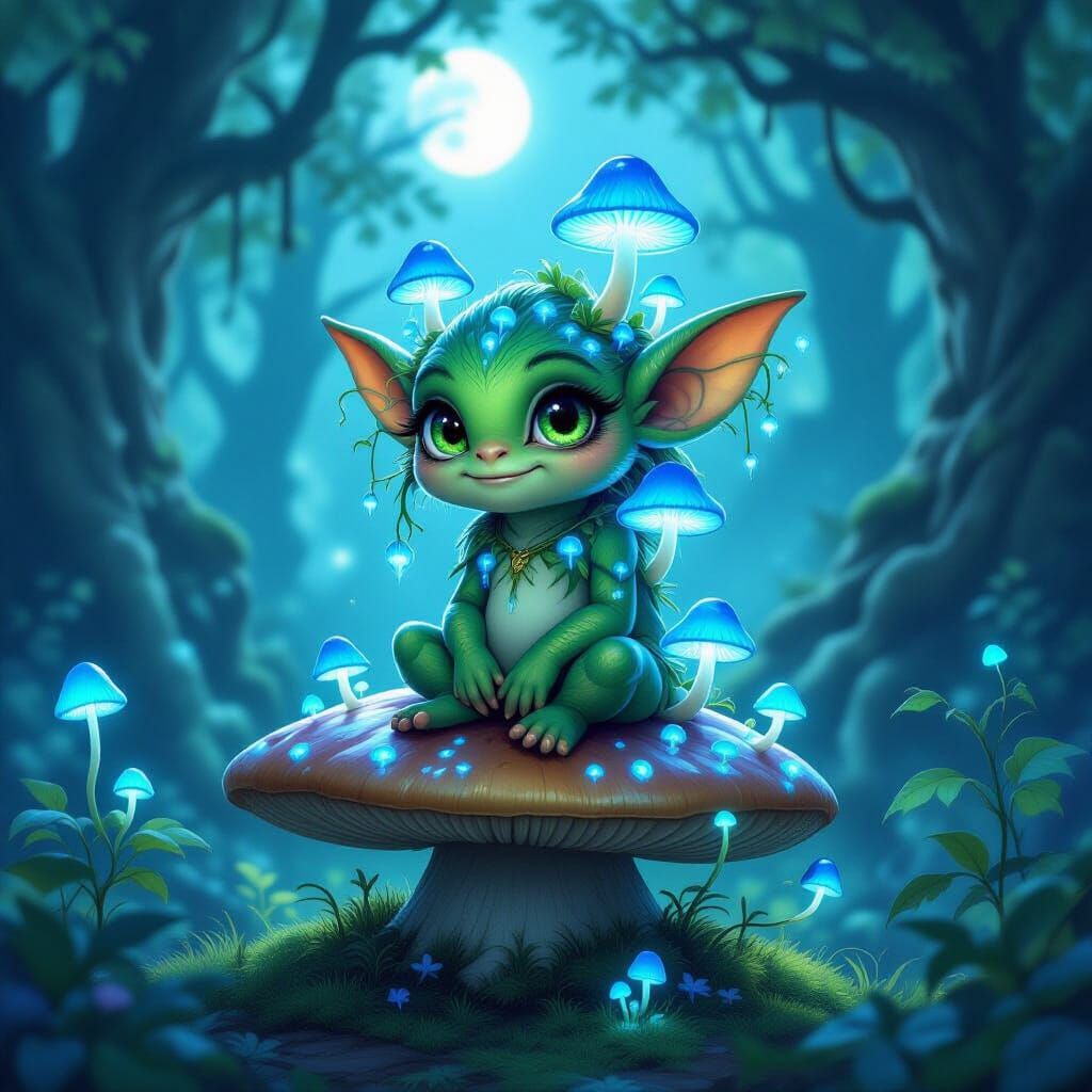 Whimsical Snozgoblin in Mystical Moonlit Forest