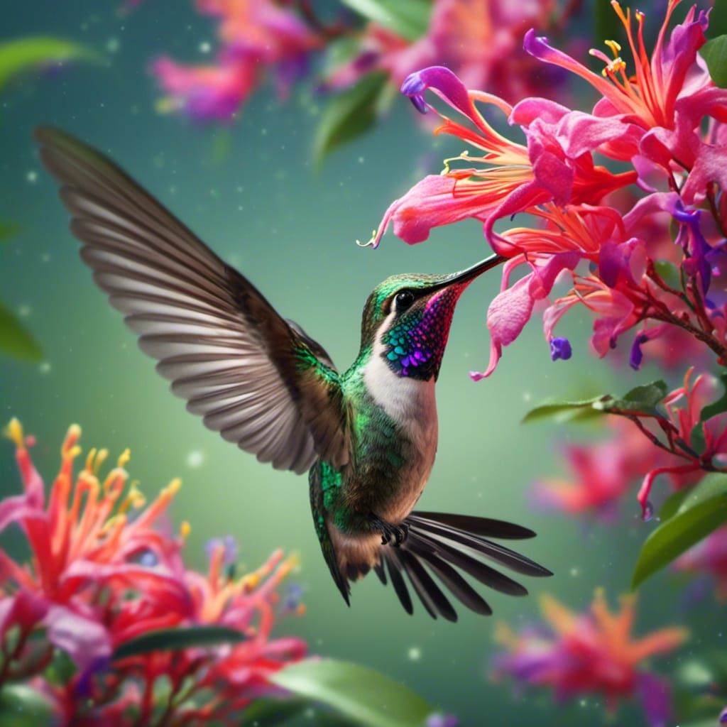 Hummingbird and Honeysuckle in Hyperrealistic Detail