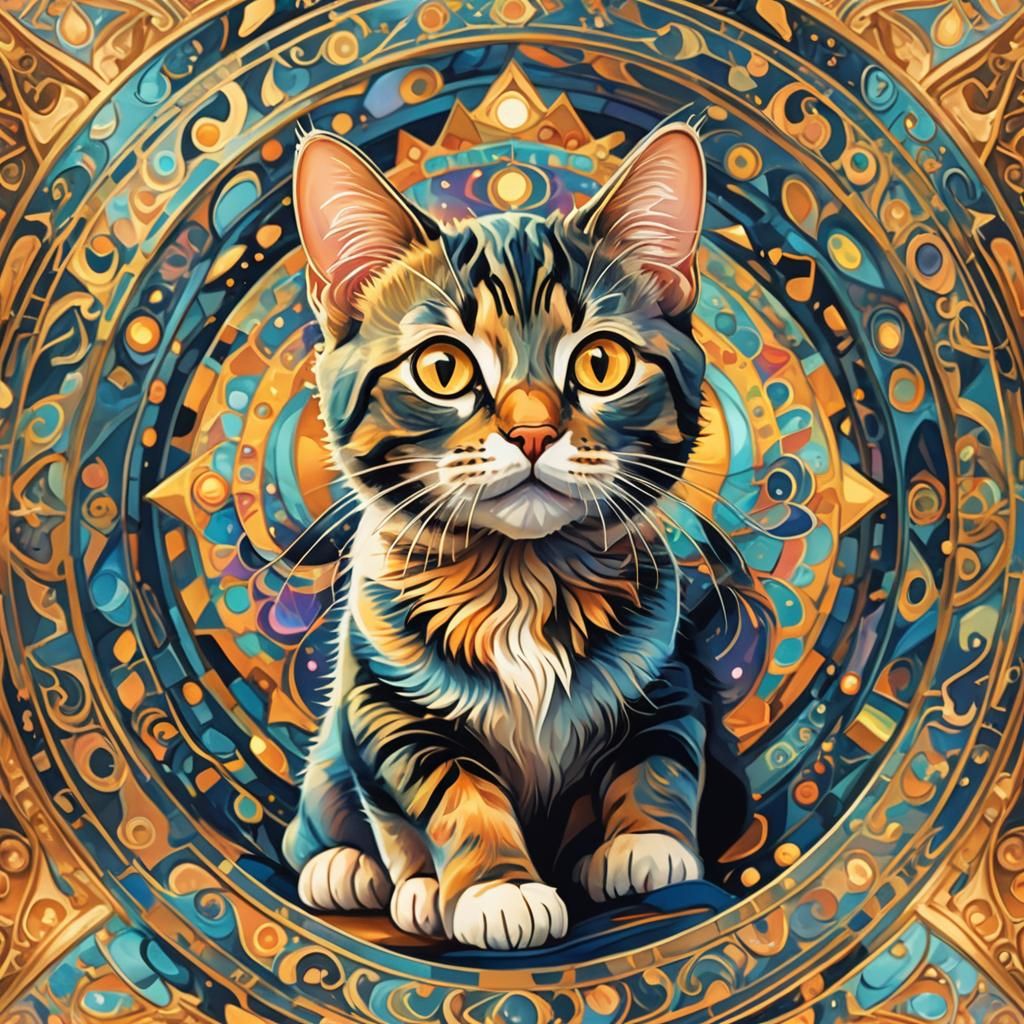Cat Gazing into Kaleidoscope in Digital Art Style