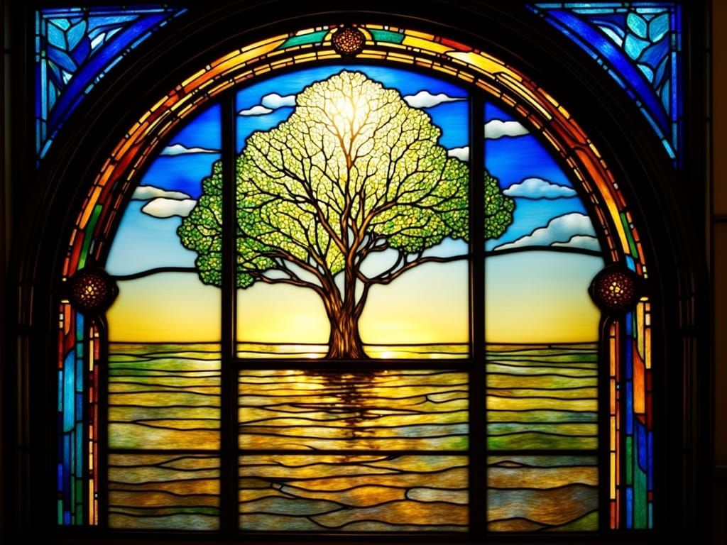 Landscape, Louis Comfort Tiffany Favrile Stained Glass