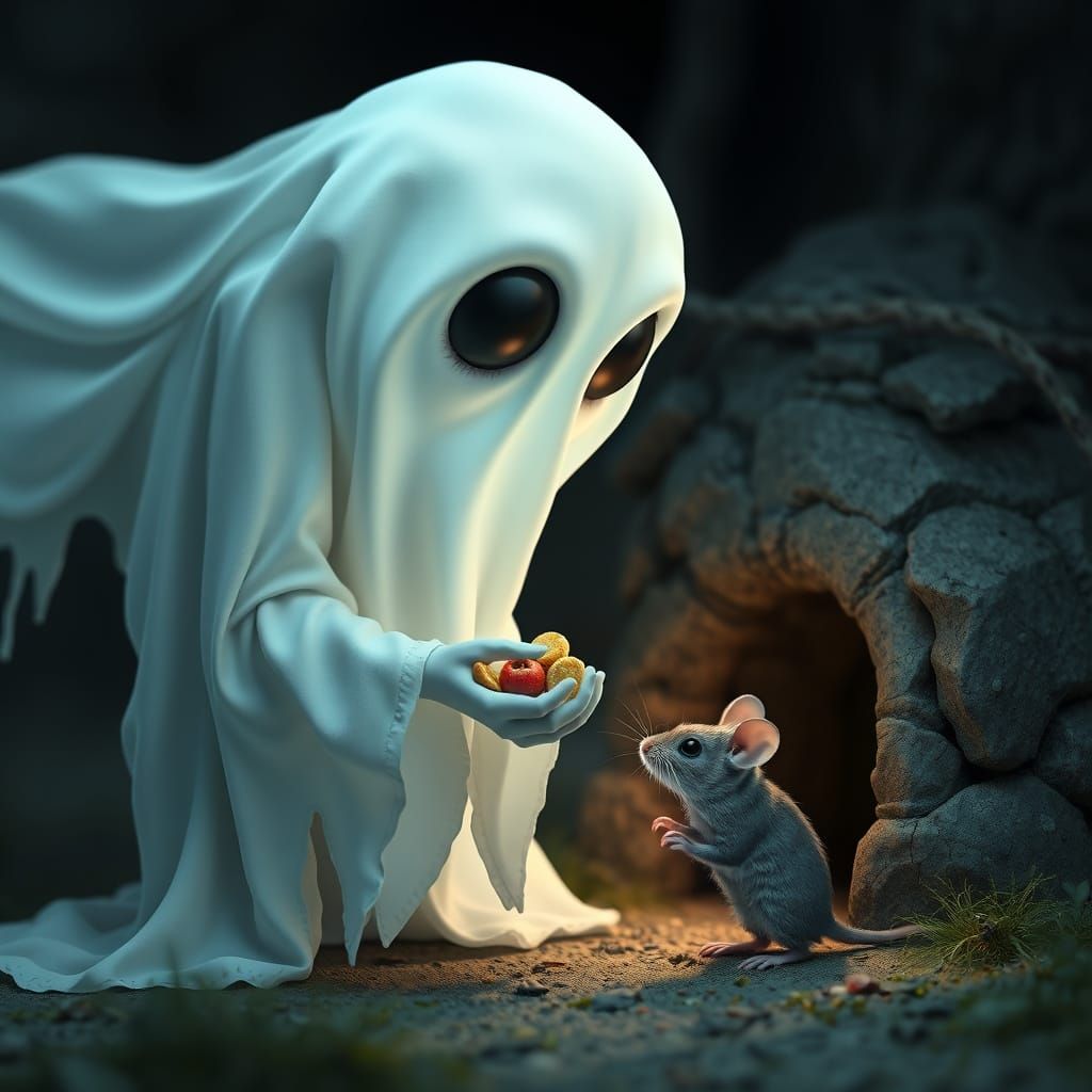 Kind Ghost Offers Food to Mouse, 3D Render
