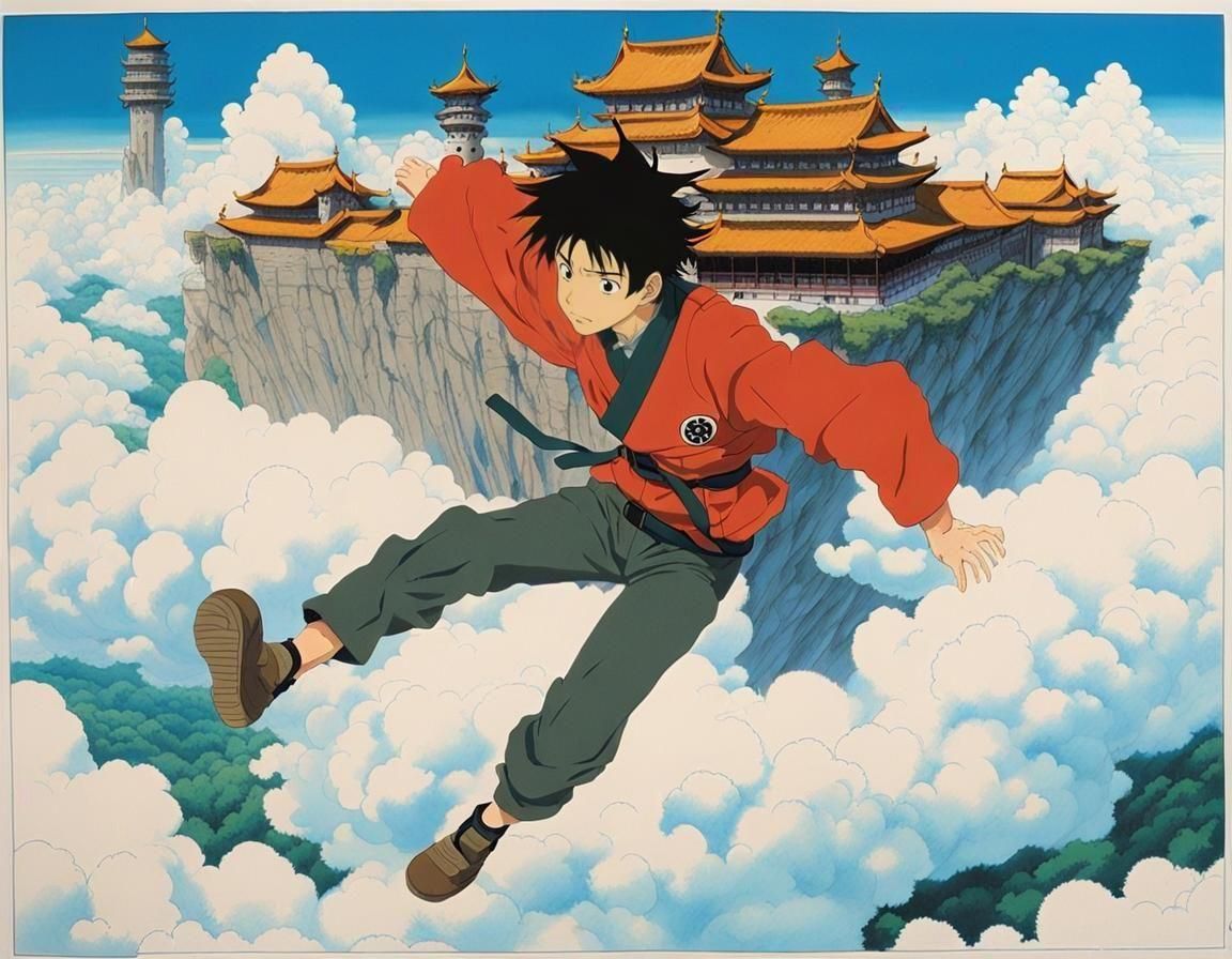 Anime Portrait Above Floating Castle, Ghibli Style