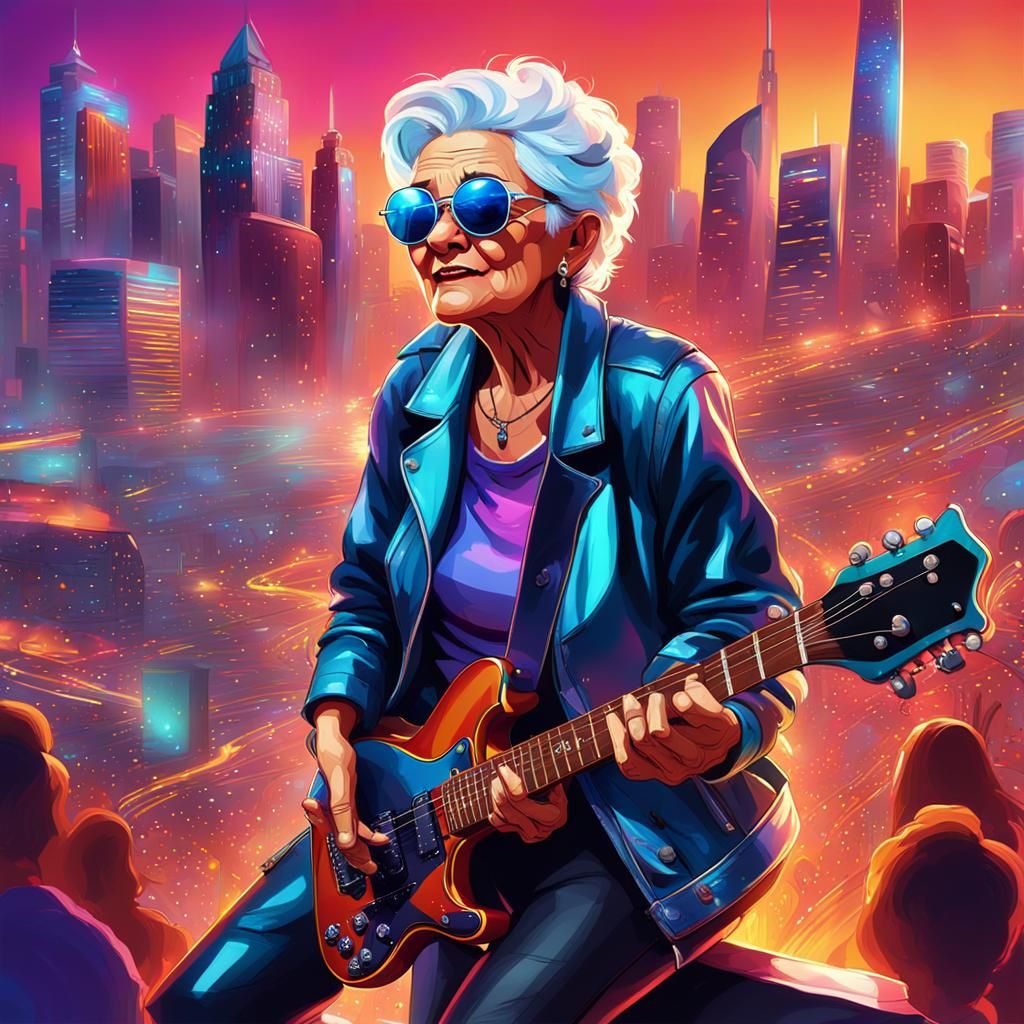 Granny Rockstar Plays Guitar on Stage