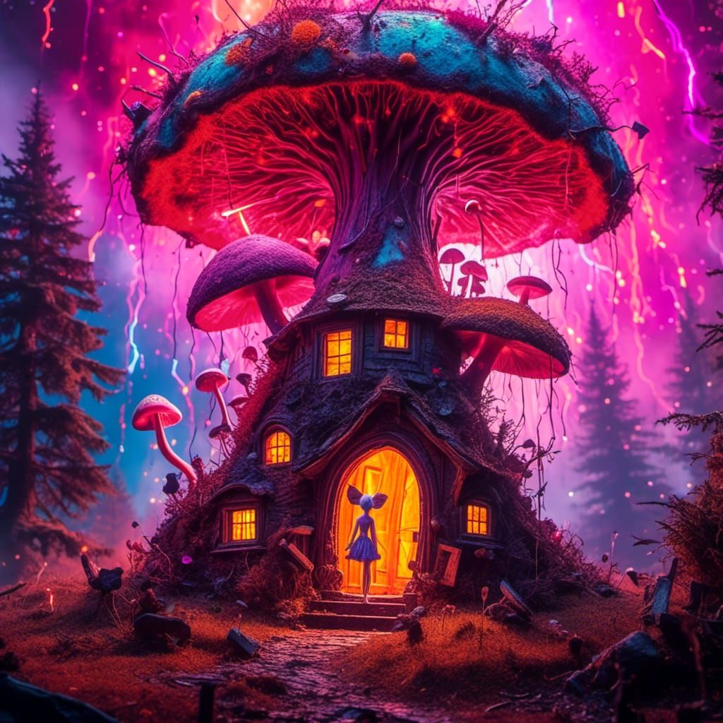 Enchanted Fairy Home in Bioluminescent Forest, in Fauvism St...