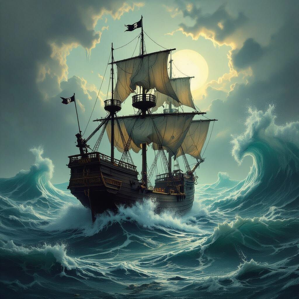 Surreal Pirate Ship Battles Melting Waves in Chiaroscuro