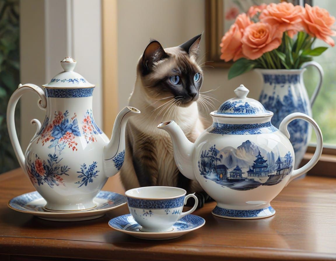 Siamese Cat Gazes at China Teapot in Watercolour Style