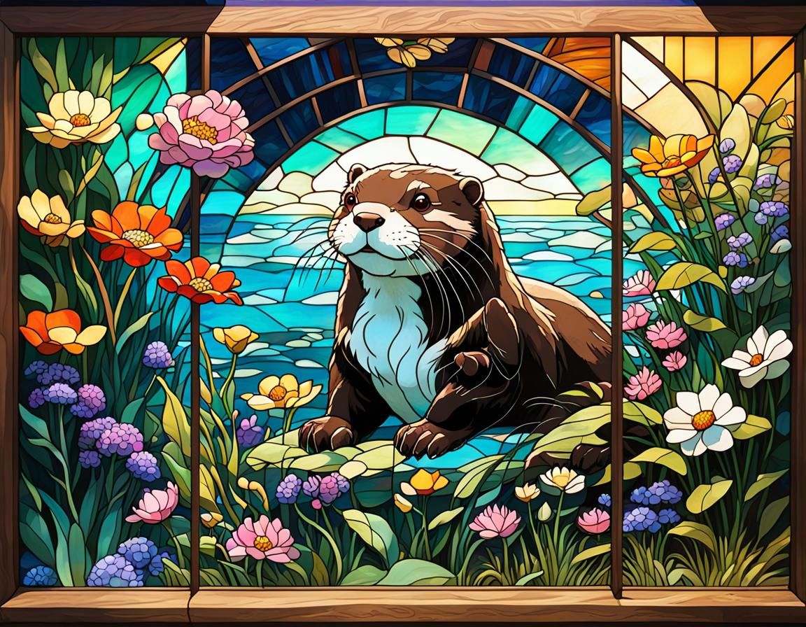 Stained Glass Otter Portrait in Fantasy Style