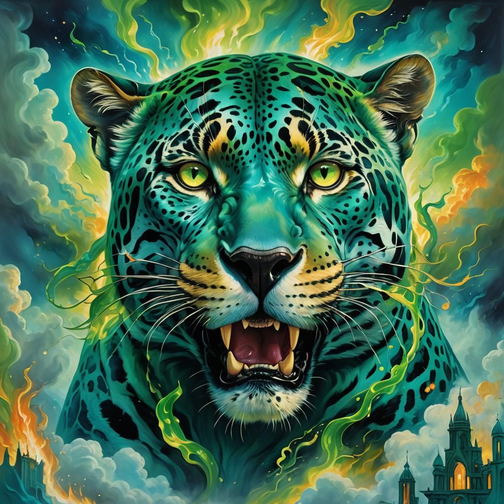 Blue Jaguar with Green Fire in Surrealist Landscape