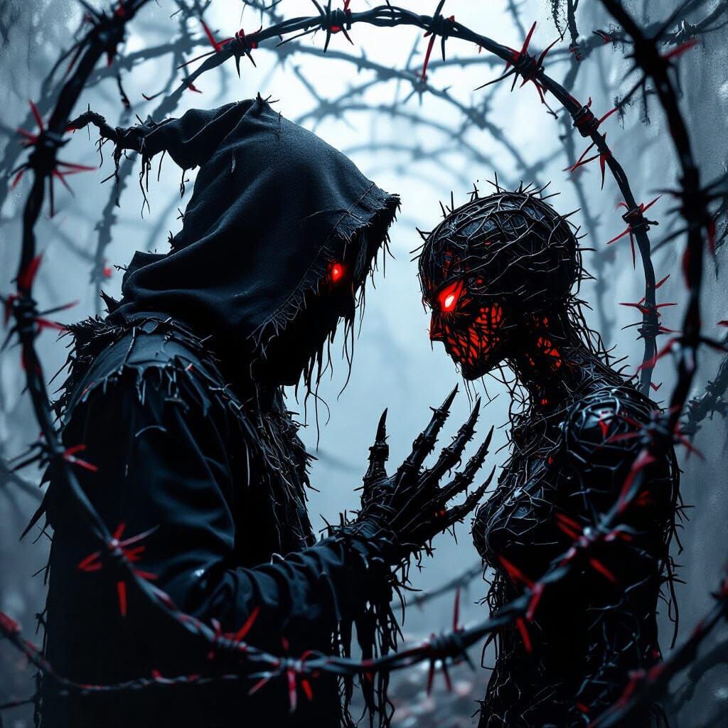 Barbed Wire Silhouette in Crimson and Cobalt Maze