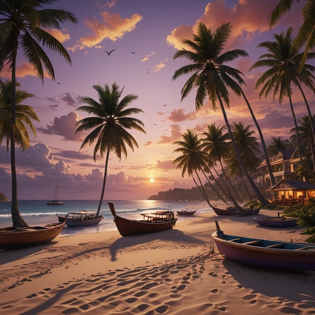 Luxury Beach Sunset: Vivid Fantasy Concept Art