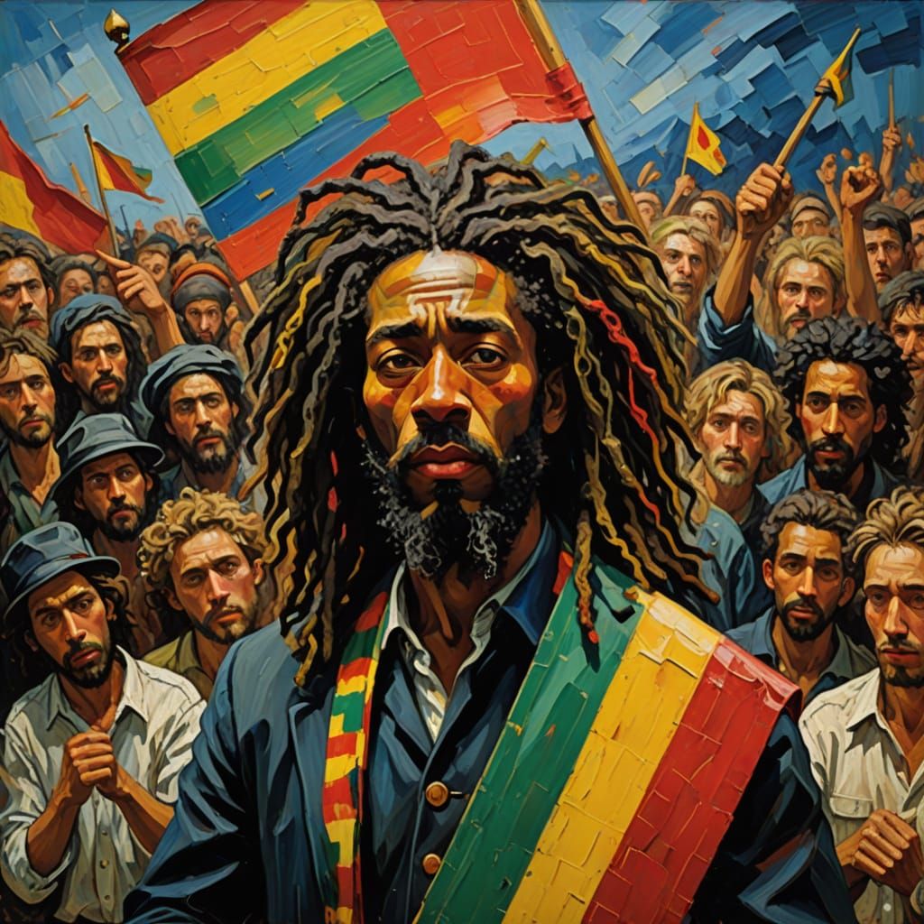Vibrant Neo-Expressionist Oil Painting of a Rasta Flag Beare...