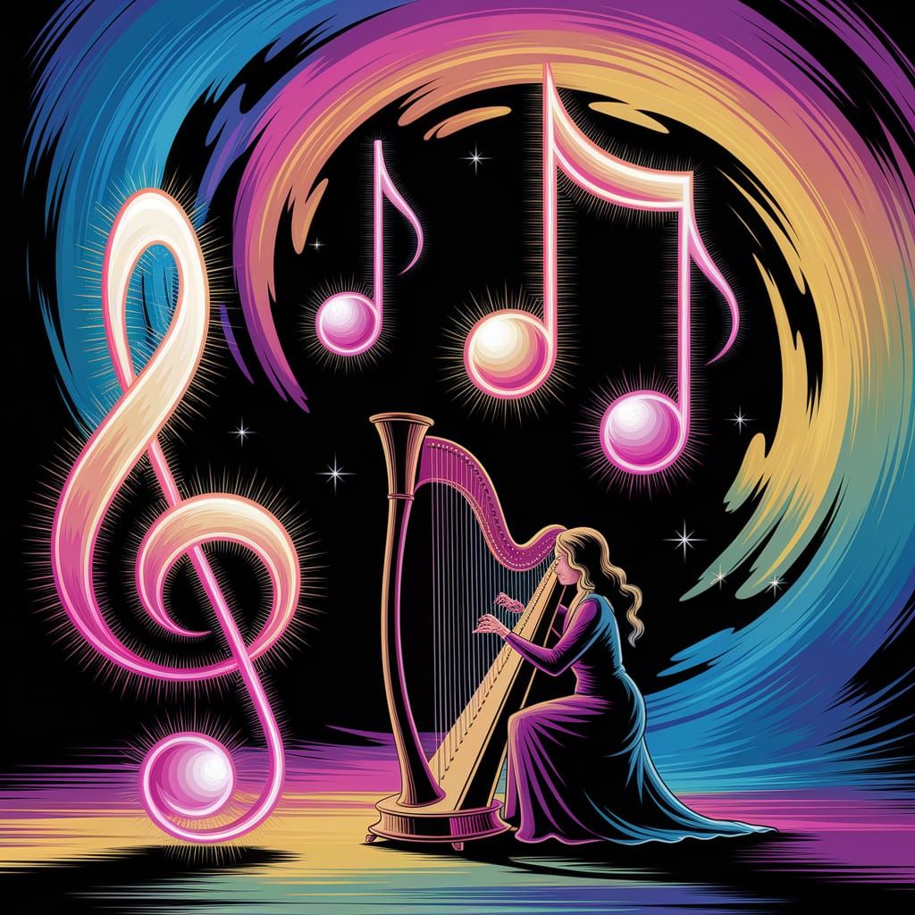 Surreal Dreamscape: Musical Notes Dance Around Celestial Har...