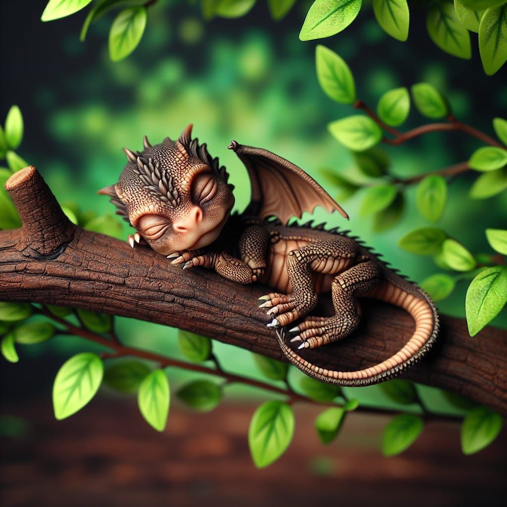 Sleeping Dragon Baby on Branch: Realistic Detailed Design