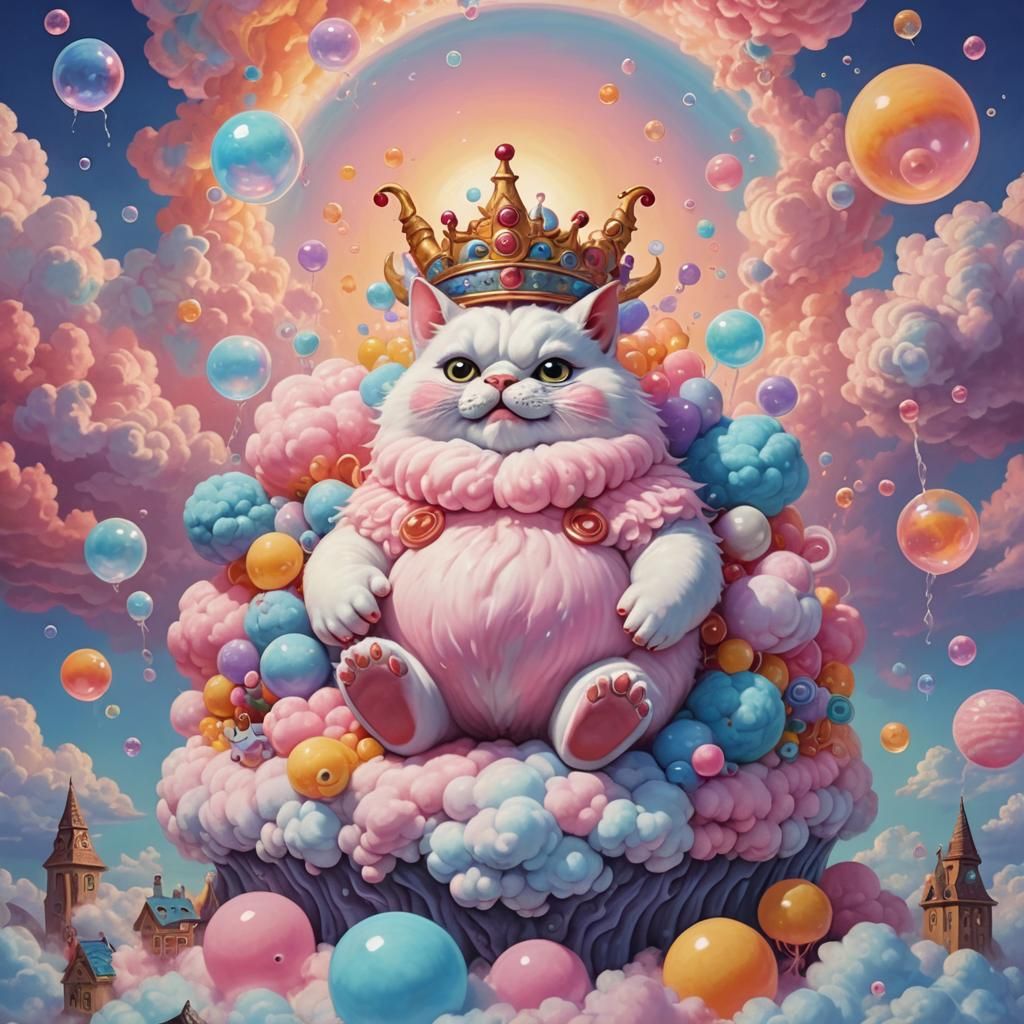 Cute Demonic Creature on Cloud Throne, Acrylic Painting